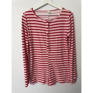 Womens Pajama Romper Long Sleeve Striped Red Pink Button Up Sleepwear Size M